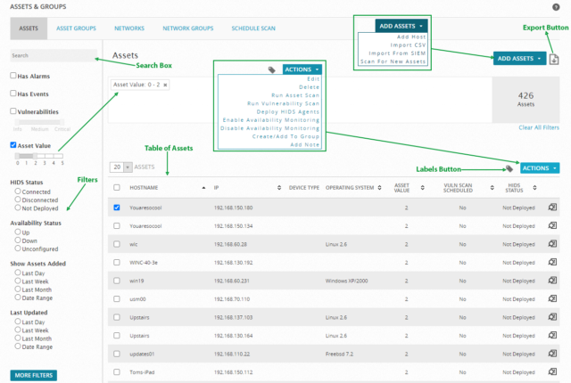 Assets and Groups page showing individual assets.