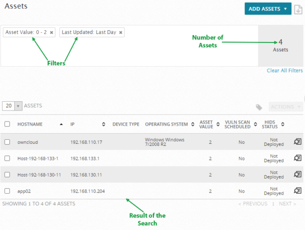Assets page with results of a search.