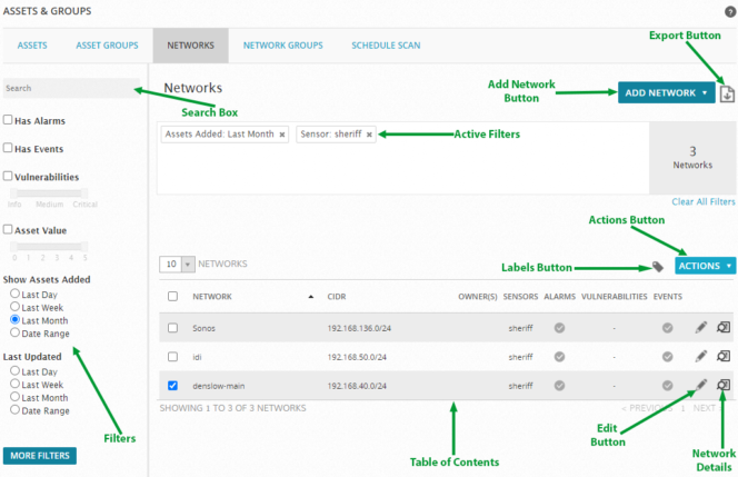 Networks page with callouts to features.