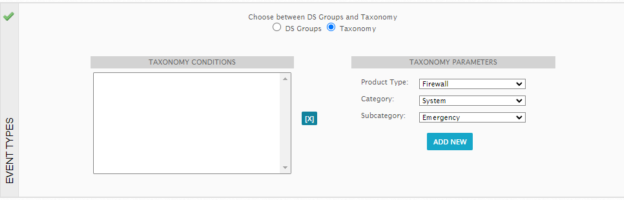 Policy Conditions section with Taxonomy selected for Event Type.