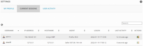 Current Sessions page from Settings.