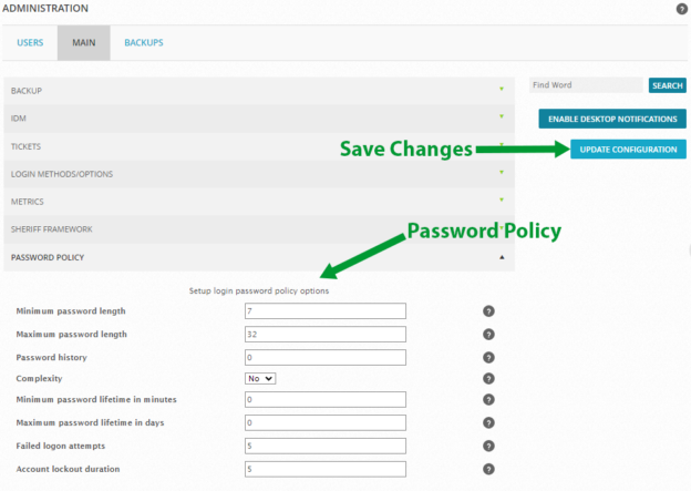 Sheriff Password Policy page.